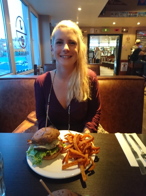 Emma and a giant burger at old favourite JDs Grill